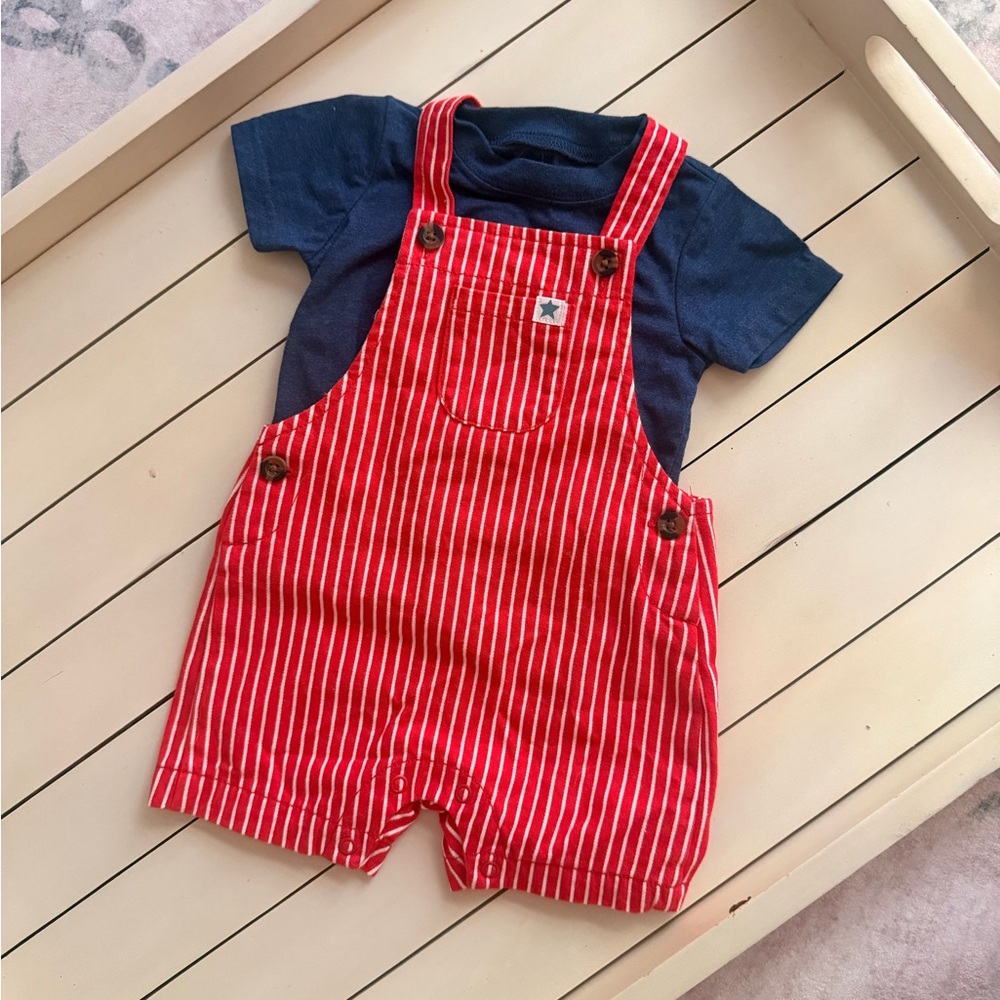 NWOT Carter's Red and White Striped Overalls and Tee - Picture 2 of 5